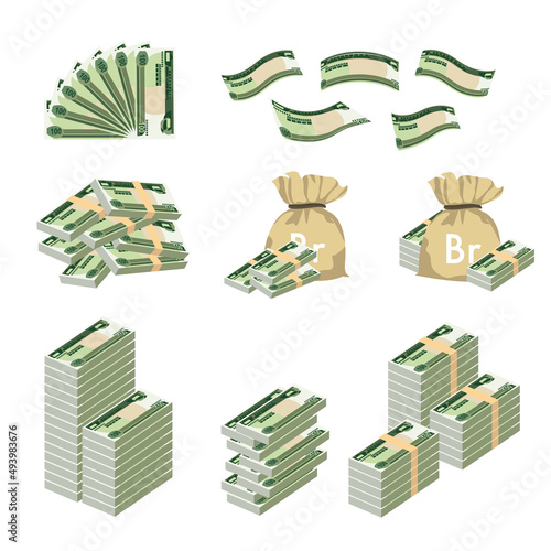 Ethiopian Birr Vector Illustration. Huge packs of Ethiopia money set bundle banknotes. Bundle with cash bills. Deposit, wealth, accumulation and inheritance. Falling money 100 Br.