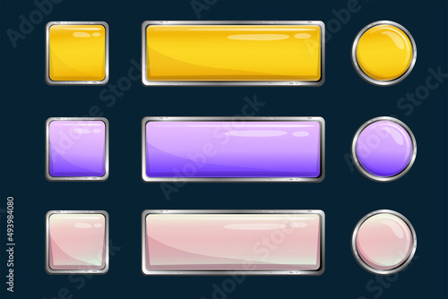 Game button set ui web icon for app isolated. Volume cartoon vector design. Mobile game assets sign. Template button iridescent gradient. Round, square and rectangular shape