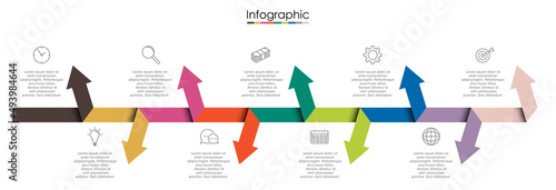 Vector infographic template with nine steps or options. Illustration presentation with line elements icons.  Business concept design can be used for web, brochure, diagram, chart or banner layout.
