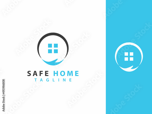 safe home logo template, house and hand concept