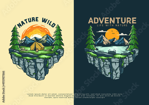 Fotótapéta forest and lake campground illustration landscape, artwork for t-shirt printing
