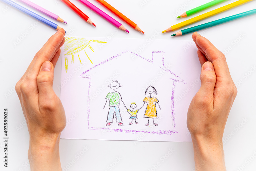 Childs drawing of happy family. Adoption concept Childs drawing of happy family. Adoption concept