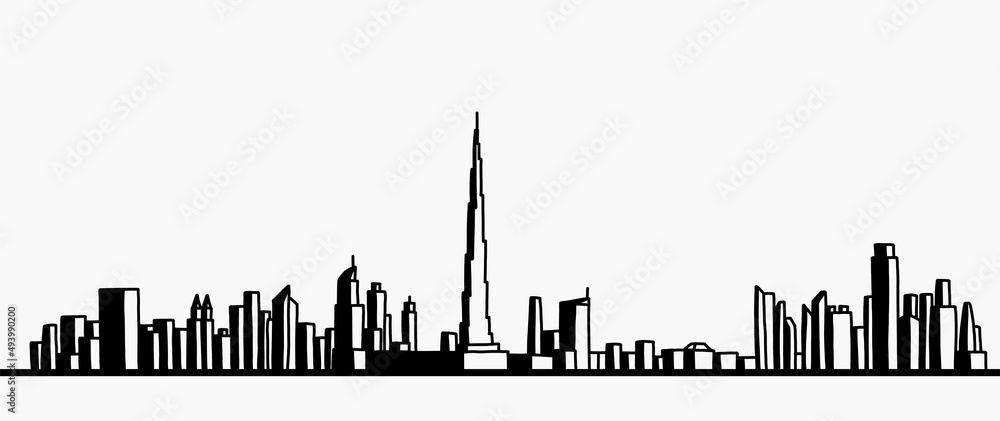 Obraz premium modern cityscape skyline outline doodle drawing on white background.