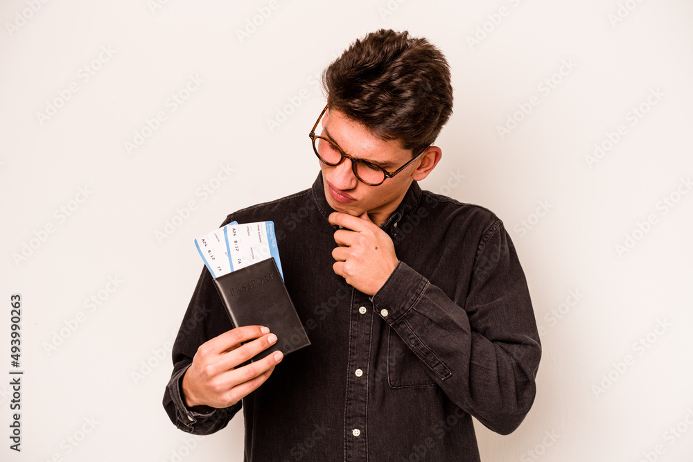 Young traveler caucasian man isolated on white background Young traveler caucasian man isolated on white background