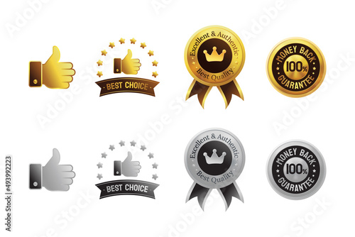 Gold and silver thumb up good best choice best quality money back guarantee award badge label emblem design in vector
