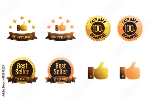 Good Thumb up 5 star recommended, cash back guarantee, best seller, top quality label badge sign symbol design. vector in Golden orange color 