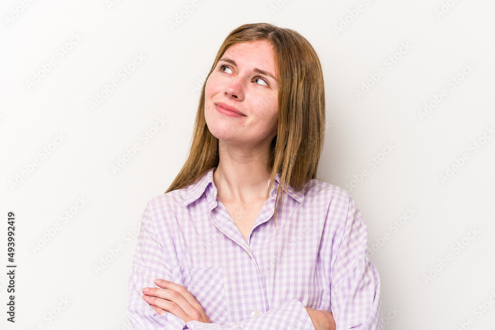 Young russian woman isolated on white background dreaming of achieving goals and purposes Young russian woman isolated on white background dreaming of achieving goals and purposes