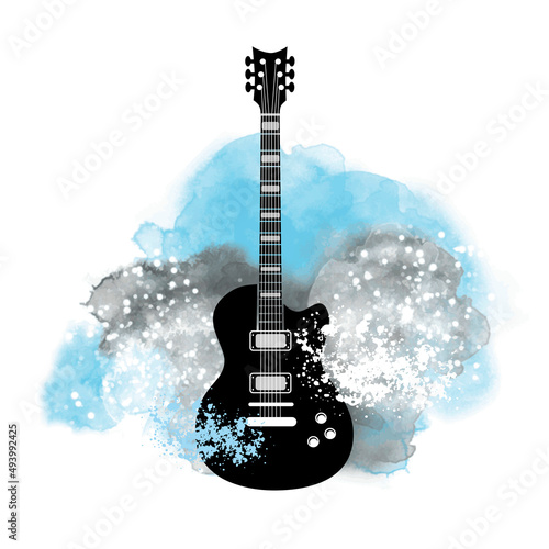 Music graphic with guitar.