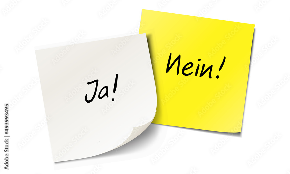 Zwei Klebezettel mit handschriftlicher Notiz: Ja! Nein! Zwei Klebezettel mit handschriftlicher Notiz: Ja! Nein!