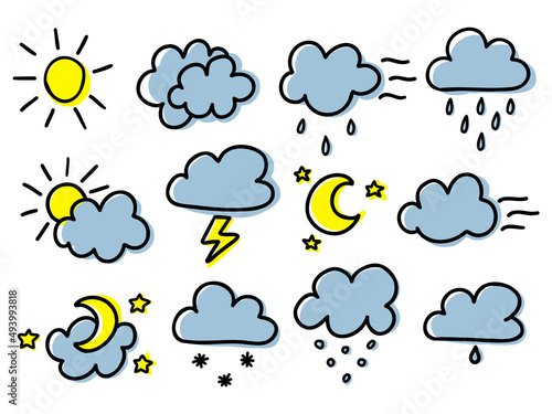 Set of color hand drawn weather forecast icons