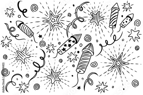 Black and white festive background with fireworks, tinsel and stars
