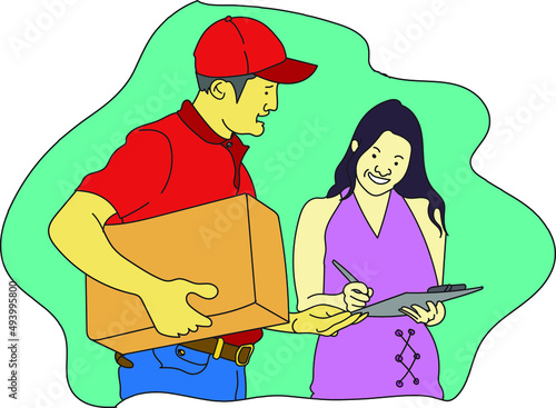 Vector illustration of female for a package from a delivery guy