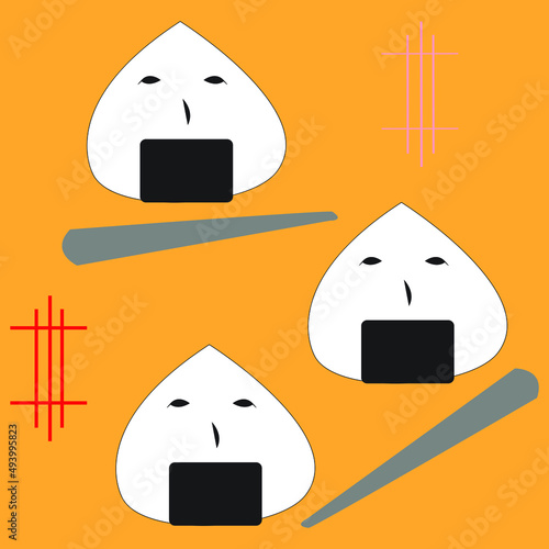 Vertical illustration of onigiri with faces, isolated on yellow background