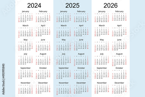 Calendar planner 2024, 2025, 2026, Corporate design planner template. Week Starts on Sunday
