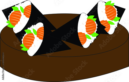 Vector illustration of temaki sushi on a brown serving dish