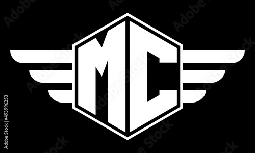 MC monogram type creative initials polygon letter logo with wings design vector template.