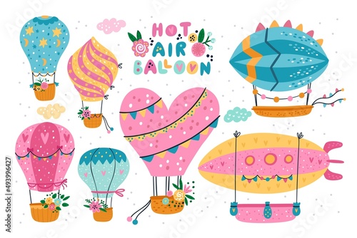Cute hot air balloon. Patterned pretty design of flying vehicles with garlands. Different baskets and flowers. Funny various dome shapes. Aerial transport. Vector soaring aerostats set