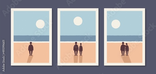 Concept of relationships posters. Loneliness or friends in love against the backdrop of sea and sun. Abstract arts design for wall framed prints, poster, cover, home decor, canvas prints, wallpaper.