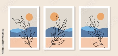 Floral leaf with mountains and sun background. Vector landscapes backgrounds set. Abstract arts design for wall framed prints, poster, cover, home decor, canvas prints, wallpaper.
