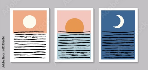 Sea and sun wall art set. Vector landscapes backgrounds set with wave and sun. Abstract arts design for wall framed prints, poster, cover, home decor, canvas prints, wallpaper.