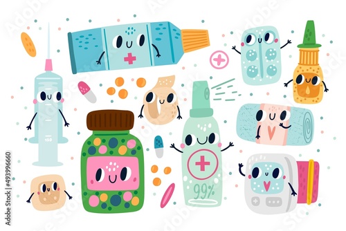 Cute pills characters. Funny pharmacy elements. Cartoon medicines with pretty faces and hands. Syringe and remedy bottles. Tonometer and bandages. Vector pharmaceutical mascots set
