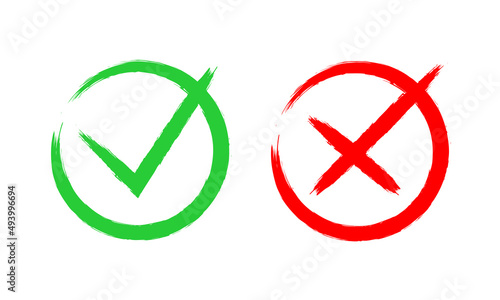 Check and cross vintage buttons. Red and green round icons. Vector clipart isolated on white background.