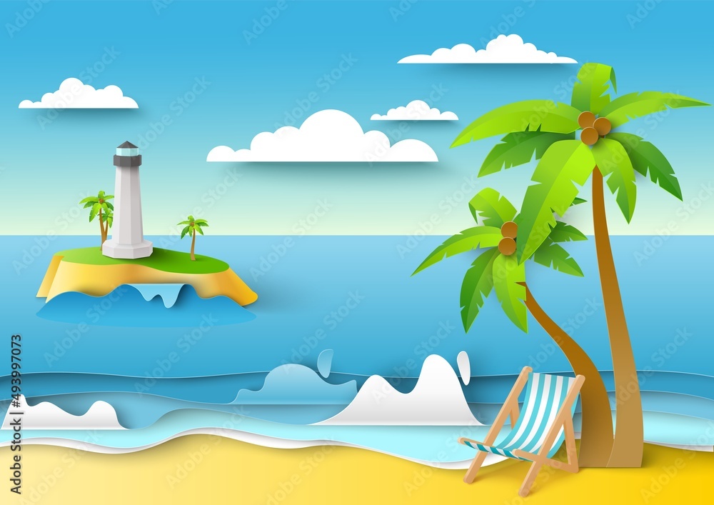 Tropical beach, sea lighthouse, vector illustration in paper art style. Summer beach vacation, tourism, travel.