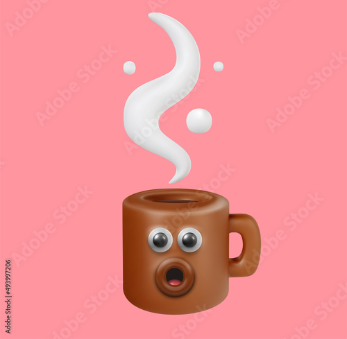 Funny kawaii style hot coffee or tea cup with white steam. Realistic cute cartoon character. Trendy 3d vector illustration. Creative design element on simple background. Food concept art.