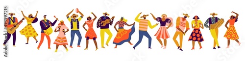 Festa Junina people. Traditional holiday. Brazilian and Latin country day. Folk fest. Musical party. Dancers and musicians. Men and women in colorful clothes. Vector dancing persons set