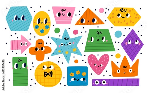 Geometric shapes characters. Basic abstract color figures with cute faces. Educational kids game. Patterned circles and polygons. Trapezoid or arrow. Vector baby learnings elements set