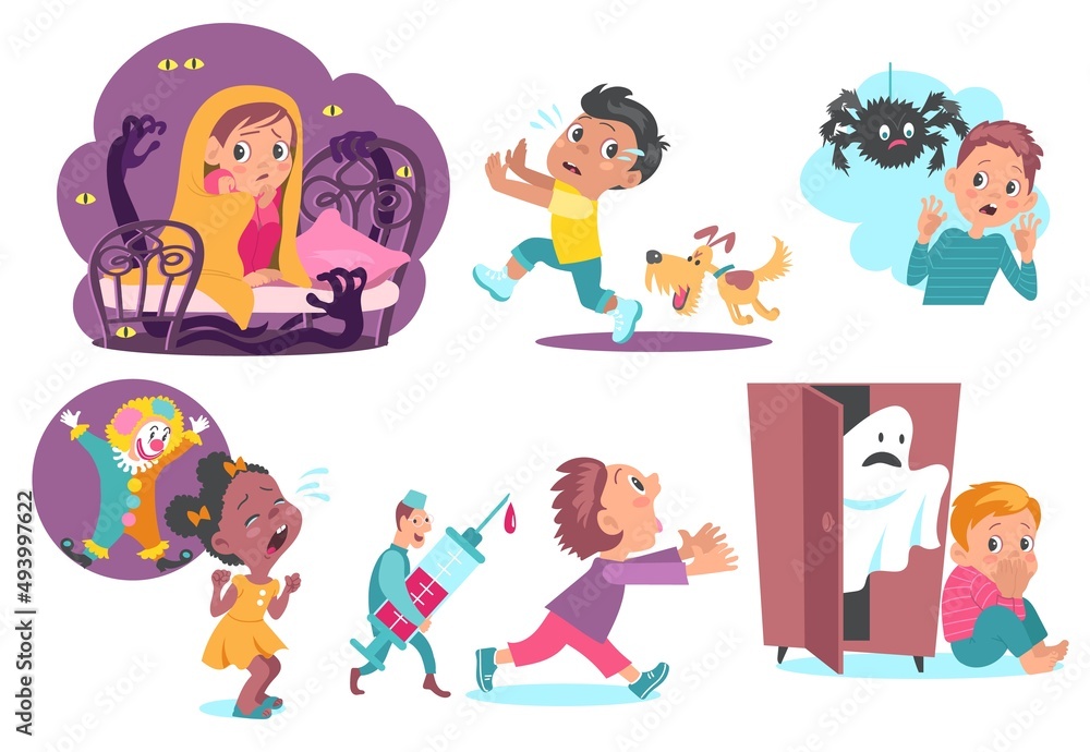 Kids fears. Boys and girls with childish phobias. Horror characters and scared children. People afraid monsters, ghosts, dog and spider. Frightened persons. Vector babies nightmares set