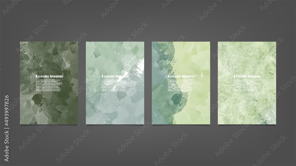 Set of green vector watercolor backgrounds for poster, brochure or flyer, Bundle of watercolor posters, flyers or cards. Banner template.