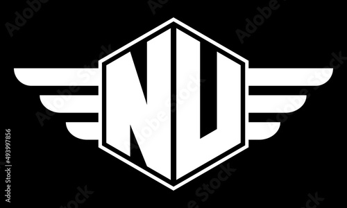 NU monogram type creative initials polygon letter logo with wings design vector template.