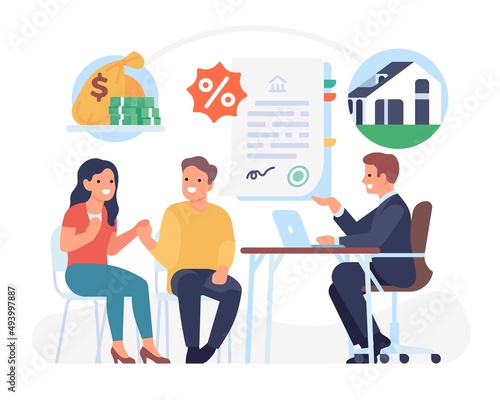 Mortgage credit service. Young family in real estate office. Couple choosing home. Property broker. Persons buying and renting apartment. People concluding rental contracts. Vector concept