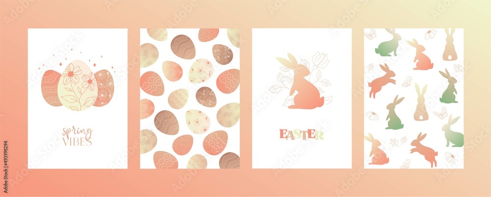 Happy Easter card. Spring greeting card. Cute easter egg, flowers and leaves. Vector flat cartoon illustration. Trendy design for social media, poster, print, card, invitation, greeting, tag