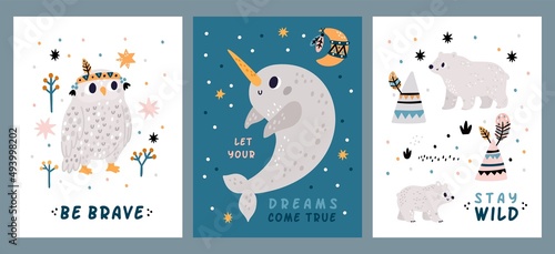 North animals cards. Cartoon arctic fauna. Cute polar bear. Funny white owl and narwhal. Snowie wildlife creature. Ethnic feathers or tents. Vector kids winter motivational posters set