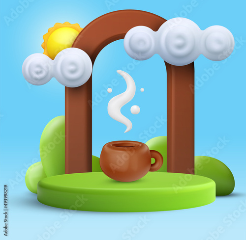 Hot coffee or tea cup with sun and clouds on green podium in funny cartoon style. Realistic sweet concept art. 3d vector illustration. Cute minimalistic design composition isolated on blue background.