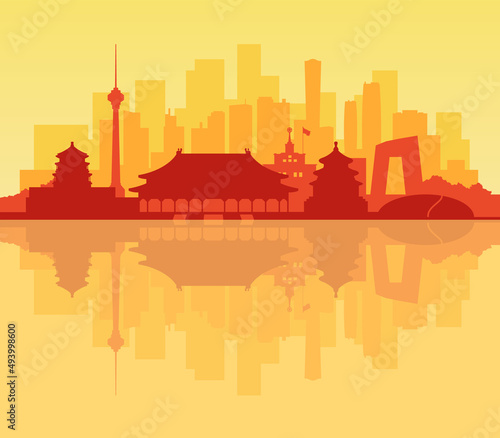 Colored vector background silhouette of the city of Beijing.