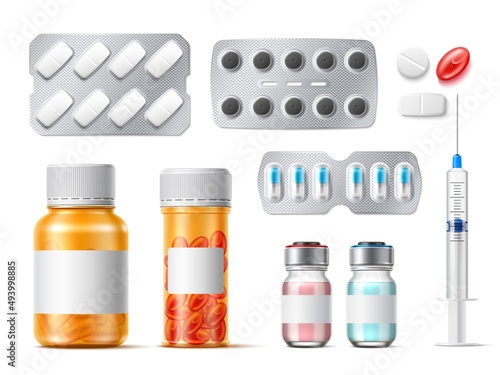 Realistic medicine pills bottles. Pharmaceutical containers with vitamins or drugs. Tablets in blisters. Syringe and ampoule. Painkiller capsules. Vector prescription remedy packages set