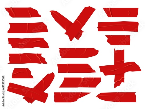 Red duct tape. Realistic bright sticky pieces for packaging. Torn repair plastic bands with ragged edges and folds. Flexible fixer. Wrinkled bandage parts. Vector adhesive strips set