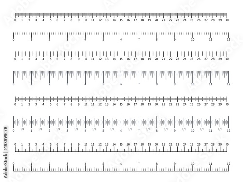 Ruler scales. Different measuring units. Rule divisions with numbers. School drawing tapes. Geometry instruments. Centimeters or inches. Length measurement. Vector width meters set