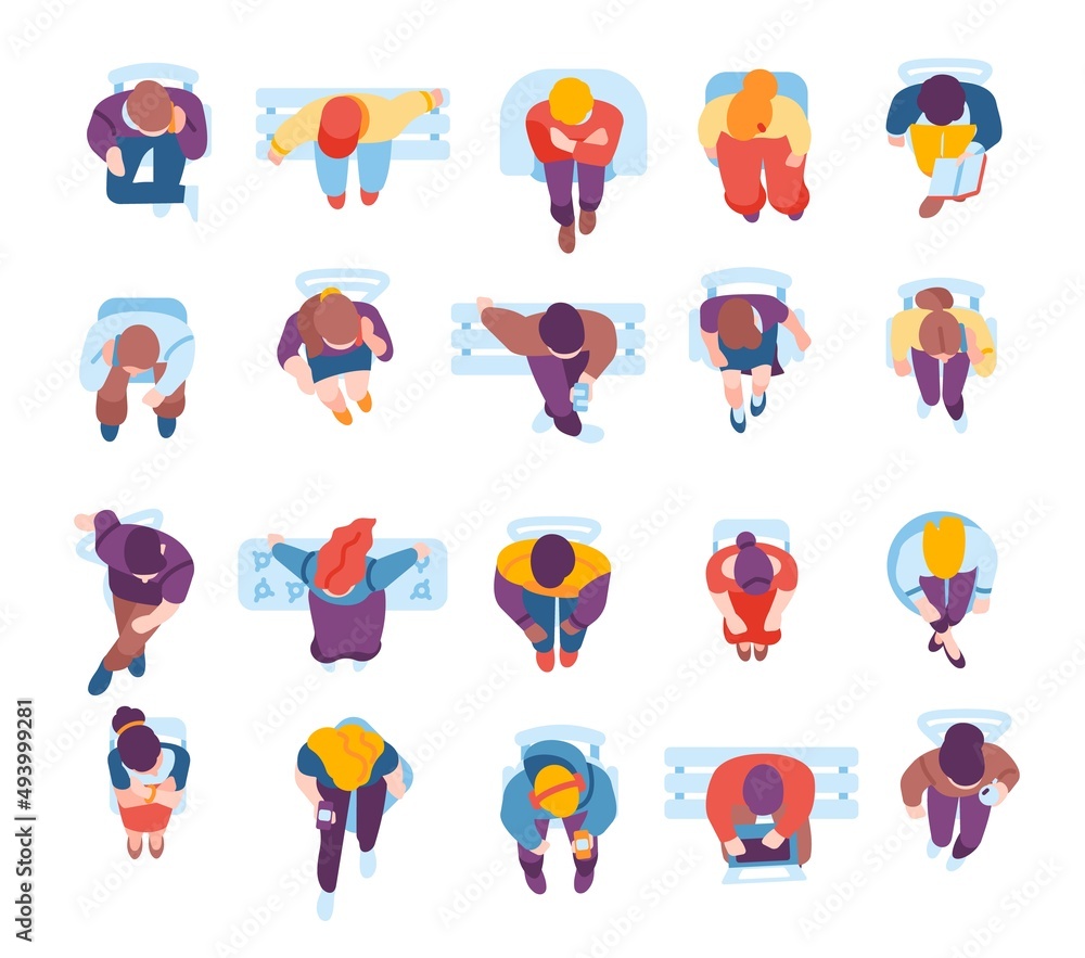 Sitting people top view. Citizens sit on different chairs or armchairs with laptops, books and phones. Men and women relax on couches or benches. Vector guys and girls on seats set Sitting people top view. Citizens sit on different chairs or armchairs with laptops, books and phones. Men and women relax on couches or benches. Vector guys and girls on seats set