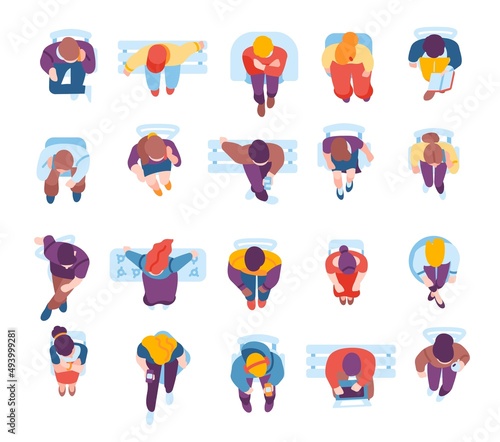 Sitting people top view. Citizens sit on different chairs or armchairs with laptops, books and phones. Men and women relax on couches or benches. Vector guys and girls on seats set