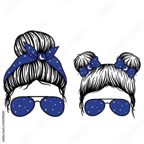 Magic Mom and Kid. Woman face and girl face with aviator glasses, bandana and moon, stars print. Messy Bun Mom Lifestyle. Messy Bun Girl Lifestyle. Vector illustration. 