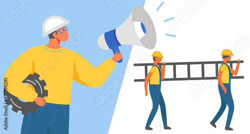 Male builder holding megaphone. Busy workman using loudspeaker makes announcement. Industrial construction worker in uniform. Superintendent, foreman with loudspeaker shouts at subordinates