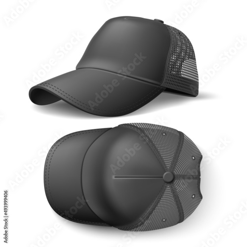 Snapback baseball cap mockup. Realistic black sports headdress with visor and translucent mesh on occipital part, top and side view, empty textile marketing branding template vector set