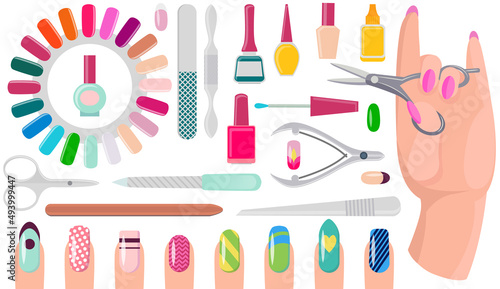 Various accessories and tools for manicure. Hand care products, manicure supplies. Equipment, scissors, nail clippers, polish and nail file. Manicurist supplies for working with nails and cuticles