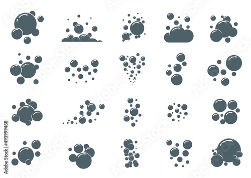Soap bubble icons. Simple monochrome air froth compositions. Soda water fizzy effect. Black boiling silhouettes. Foam graphics. Shampoo or powder scum. Vector isolated soapy spheres set
