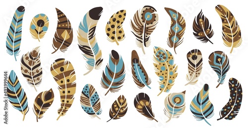Tribal feathers. Ethnic multicolor Indian elements. Decorative items. Soft curved shapes. Featherings painting. Birds plumage. Eagle or peacock quills. Vector patterned objects set