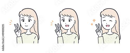 ピースサインをする女性のイラスト素材